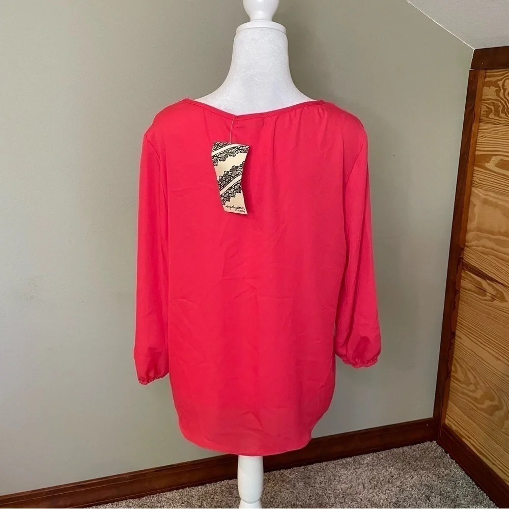 Eyeshadow Coral Red Eyelet Long Sleeve Top Blouse Large NWT